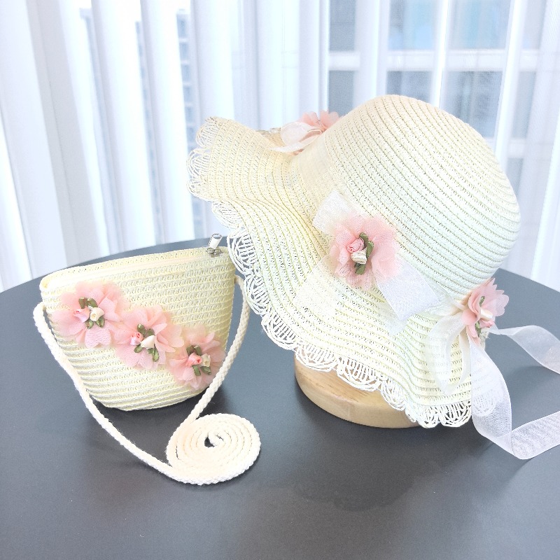 Bucket Hat Straw - Meisjes 2-delige strohoed effen kleur buitenreizen